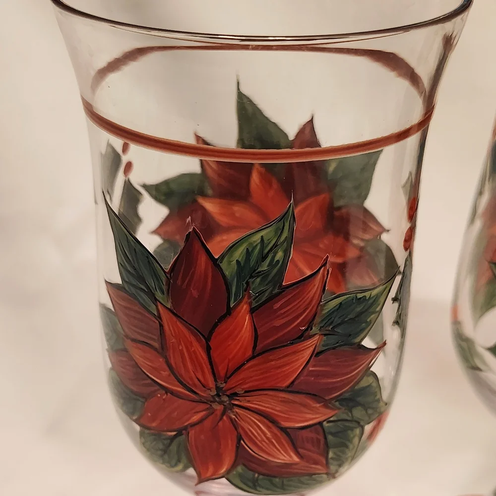 Poinsettia Christmas Wine Glasses. Vivid Red And Green Accents. Set Of 2.